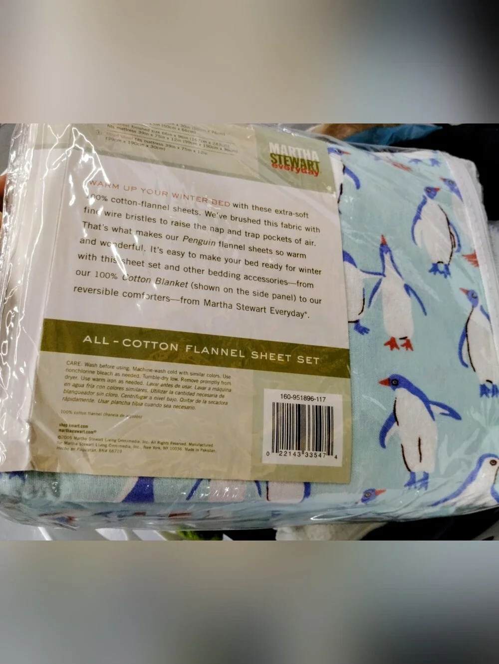Martha Stewart Blue penguins flannel twin sheets 100 % cotton NWT